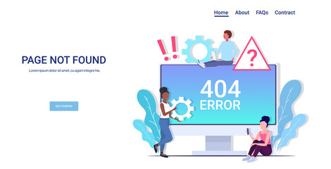 mix race people using computer app 404 page not found concept internet connection problem message on monitor screen website under construction horizontal copy space full length vector illustration