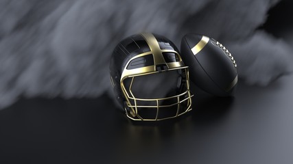 american football gold-black helmet and ball with dark black toned foggy blur smoke under black-whit