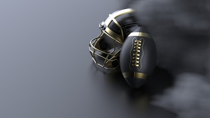 American football gold-black helmet and Ball with dark black toned foggy blur smoke under black-white laser lighting. 3D illustration. 3D high quality rendering.