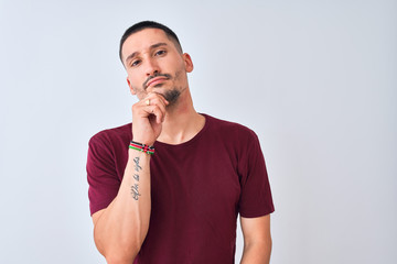 Poster - Young handsome man standing over isolated background with hand on chin thinking about question, pensive expression. Smiling with thoughtful face. Doubt concept.