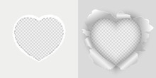 Vector White Paper Torn In The Shape Of Heart. Set Of Heart Torn Paper Vector Illustration.