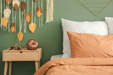 Big Comfortable Bed In Stylish Interior Of Room With Autumn Decor