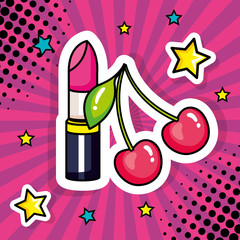 Sticker - lipstick with cherries pop art style icon vector illustration design