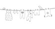 Baby clothes on clothesline. Kid apparel after washing hanging on a rope. Laundry for newborn, girl or boy. Vector outline