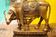 Brass Metal Statue Of Indian Holy Cow Feeding Calf