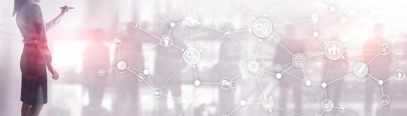 ommunication network. Horizontal Panoramic Business Background. Organisational structure on virtual banner.