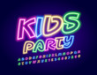 © Popskraft - Vector colorful Sign Kids Party. Glowing Playful Font. Neon Alphabet Letters and Numbers.