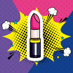 Sticker - lipstick in explosion pop art style icon vector illustration design