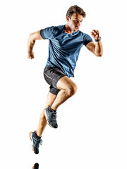 Wall Mural - one caucasian runner running jogger jogger young man in studio isolated on white background