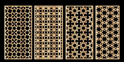 Cutout silhouette panels set with ornamental geometric arabic pattern. Template for printing, laser cutting stencil, engraving. Vector illustration.