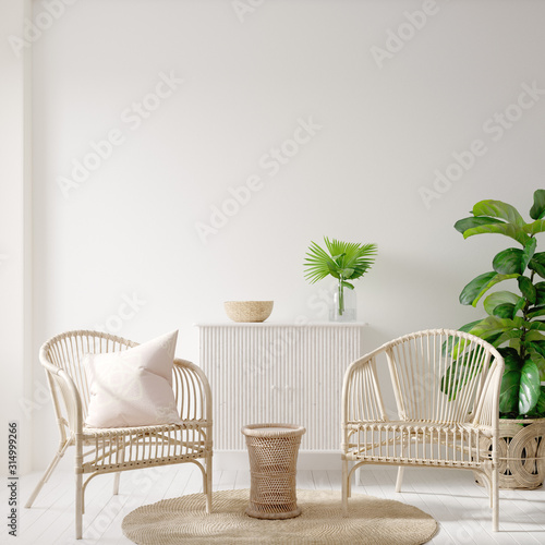 Cuadros en Lienzo Home interior background with wicker furniture and decor, empty white wall mocku