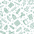 © nadiinko - Stationery background, school tools seamless pattern. Art education wallpaper with line icons of pencil, pen, paintbrush, palette, notebook. Painter supplies vector illustration green white color