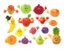 Set Of Cartoon Funny Fruits And Berries. Cute Fruit And Berry With Smiling Faces And Greeting Gestures. Vector Illustration Isolated On The White Background.