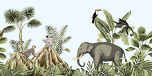Tropical Vintage Botanical Landscape, Elephant, Monkey, Lemur Wild Animal, Toucan Bird, Mountain, Palm Tree, Banana Tree, Plant Floral Seamless Border Blue Background. Exotic Green Jungle Wallpaper.