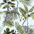Tropical vintage animal lemur, palm trees, banana tree, palm leaves floral seamless pattern blue background. Exotic jungle wallpaper.