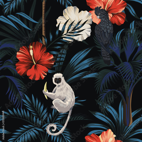 Tropical Vintage Hawaiian Night Dark Palm Trees Black Parrot Lemur Palm Leaves Hibiscus Flower Floral Seamless Pattern Black Background Exotic Jungle Wallpaper Stock Vector Adobe Stock