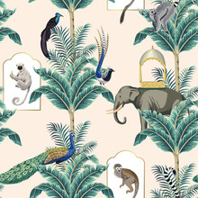 Vintage Garden Banana Tree, Exotic Bird, Peacock, Monkey, Elephant, Bird,lemur Floral Seamless Pattern Pink Background. Exotic Chinoiserie Wallpaper.