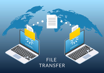 File transfer concept. Two Laptop computers with folders send and upload documents. File copy, data or information exchange design.