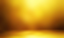 Yellow Studio 3d Illustration Trend. Shiny Golden Empty Background. Light And Shades On Wall Blur Texture. Flat Floor.