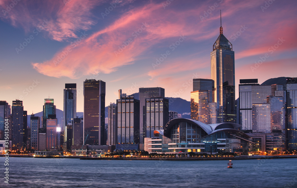 Hong Kong skyscrapers with red sky - obrazy, fototapety, plakaty 