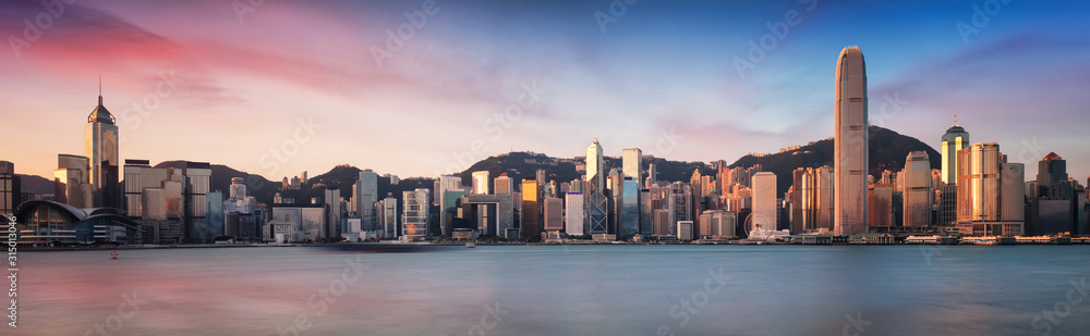 Hong Kong skyline from kowloon, panorama at sunrise, China - Asia - obrazy, fototapety, plakaty 