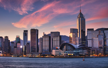 Wall Mural - Hong Kong skyscrapers with red sky