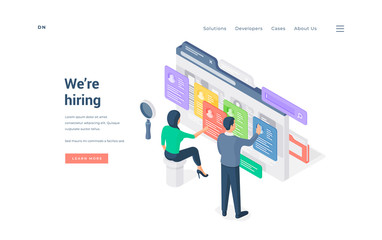 Wall Mural - human resources specialists browsing resumes isometric vector illustration.