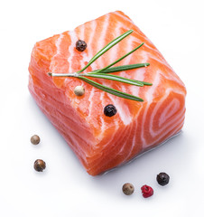 Wall Mural - Fresh raw salmon fillet on white background.