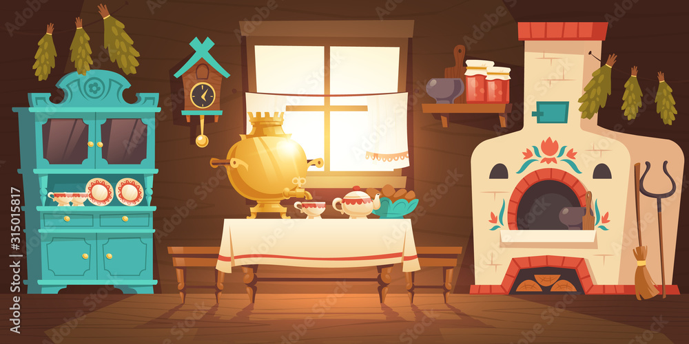 Interior of old russian kitchen, ukrainian ancient rural house with oven, samovar, cuckoo-clock and grip. Vector cartoon illustration of empty wooden room with traditional russian furniture and stove - obrazy, fototapety, plakaty 