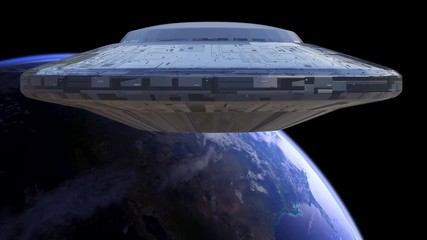 Wall Mural - ufo, alien spaceship with extraterrestrial visitors, flying in orbit of planet earth, 4k loop