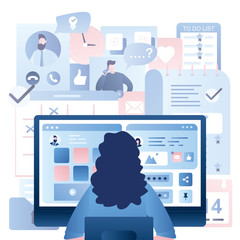 Social network chatting and work process. Office day concept background