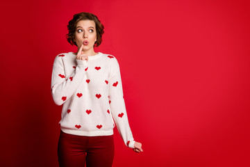 Poster - Portrait of her she nice attractive lovely pretty cute shy modest girlish puzzled confused girl remembering creating idea pout lips isolated over bright vivid shine vibrant red color background