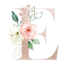 Letter E, Gold Alphabet Letters With Watercolor Flowers Roses And Leaf. Floral Monogram Initials Perfectly For Wedding Invitation, Greeting Card, Logo, Poster And Other. Holiday Design Hand Painting.