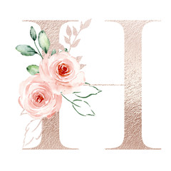 Wall Mural - Letter h, gold alphabet letters with watercolor flowers roses and leaf. Floral monogram initials perfectly for wedding invitation, greeting card, logo, poster and other. Holiday design hand painting.