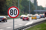 Fototapeta Miasto - 80km/h Speed limit sign a highway full of cars