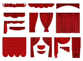 red curtains. textile theatrical opera scenes decoration curtains vector realistic collection set. f