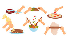 Hands Holding Kitchen Items And Cooking Meal Vector Illustrations Set