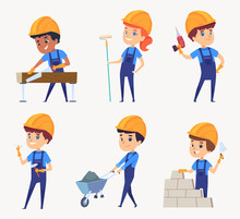 Kids Builders. Childrens Job In Helmet Little Constructors Vector Characters. Illustration Worker And Builder In Uniform, Professional Job