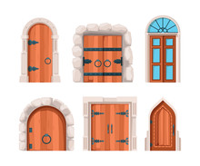 Ancient Doors. Wooden Stone Medieval And Old Building Doors And Gates From Castles Vector Designs. Collection Door Entrance And Ancient Architecture Illustration