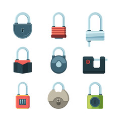Poster - Mechanical lock. Padlock safety symbols vector flat pictures set. Illustration padlock with password, security or privacy
