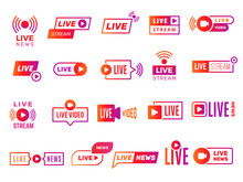 Live Stream Badges. Video Broadcasting Shows Digital Online Text Templates Live News Vector Stickers Collection. Illustration Video Stream, Live Streaming Online