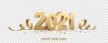 Happy New Year 2021. Golden 3D Numbers With Ribbons And Confetti , Isolated On Transparent Background.