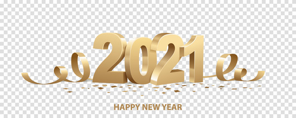 Happy New Year 2021. Golden 3D numbers with ribbons and confetti , isolated on transparent background.