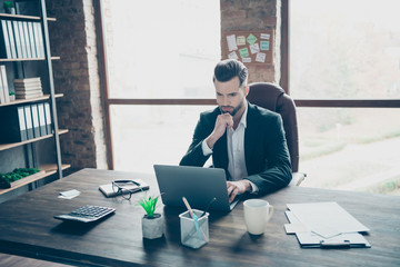 Sticker - Photo of attentive handsome business brunet guy notebook table chatting colleagues partners reading reports wear black blazer white shirt suit sitting chair office indoors