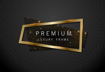 vector geometric sparkling sequins banner with golden frame on black pattern background. premium lab