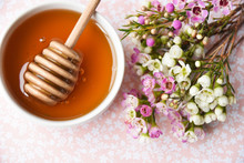 Manuka Honey And Blooming Manuka Flower Tree On A Pink Background