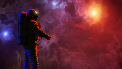 Wall Mural - astronaut in colorful nebula close to a binary star system