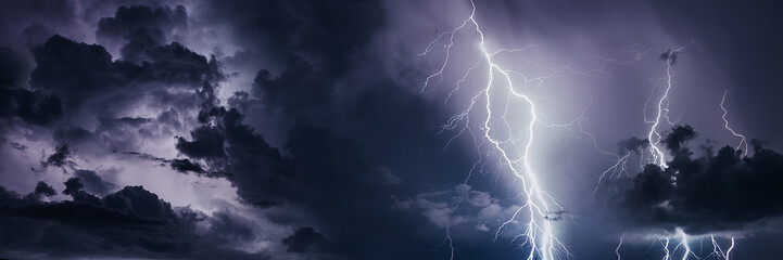 thunderstorm with lightning bolts, banner image.