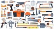 Repair, construction and building vector tools. Toolbox and hammer, screwdriver and drill, spanner, wrench, paint brush and roller, pliers, helmet and trowel, screw and hacksaw, planer, tile cutter