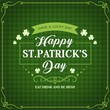 Happy St Patricks day, Irish holiday celebration greeting and shamrock clovers on green pattern background. Vector St Patrick day party calligraphy quote Eat Drink and be Irish in on ribbon